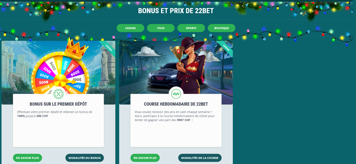Meilleurs bonus casino en ligne suisse : bonus 22bet