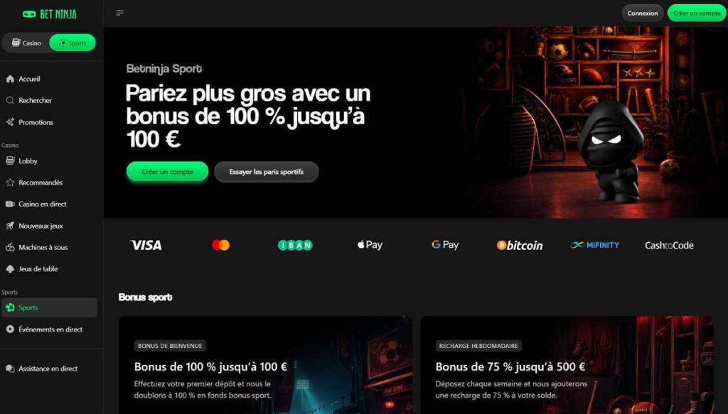 BetNinja Sport - bonus de bienvenue 100 % jusqu'à 100 €