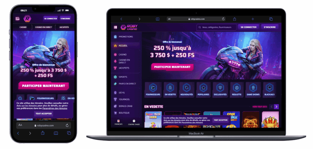Roby Casino - offre de bienvenue 250 % jusqu'à 3750 $ + 250 tours gratuits