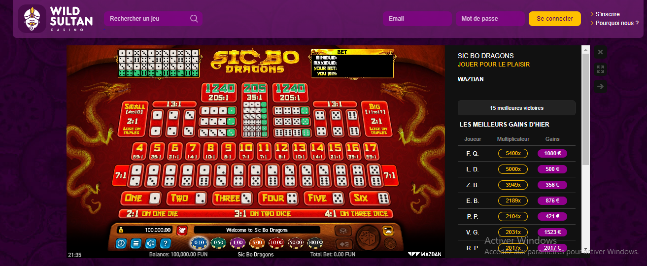 Wild Sultan casino pour jouer au Sic Bo Dragons