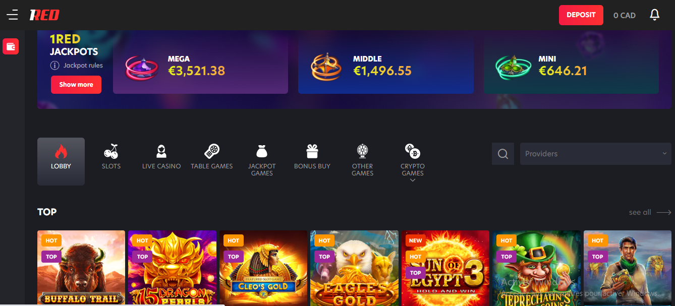 1red casino avis interface