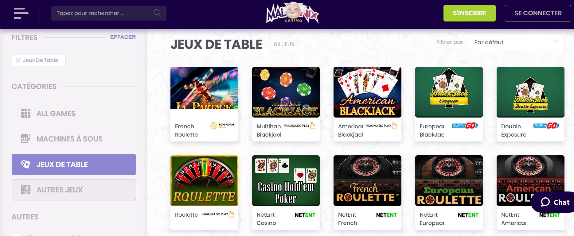 Avis Madnix casino : Jeux de table