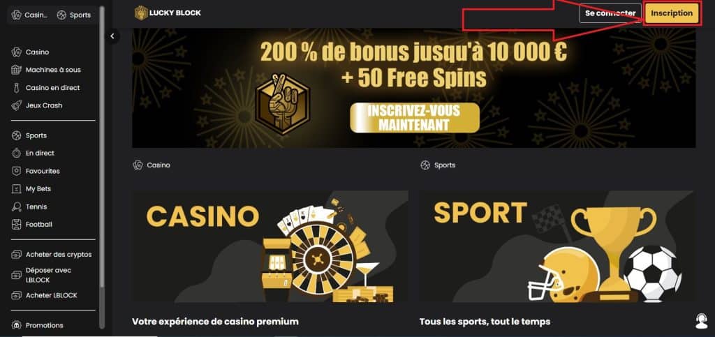 1. Accéder à Lucky Block et cliquer sur inscription - Casino Neosurf