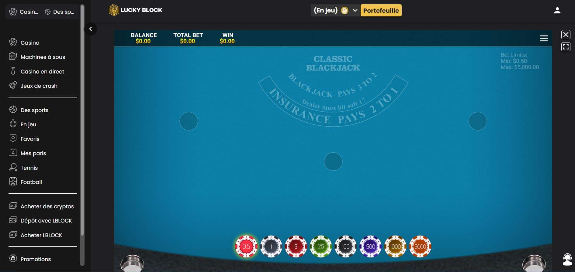 6. Sélectionner un jeu et commencer à jouer - Lucky Block - Blackjack - Casino Neosurf