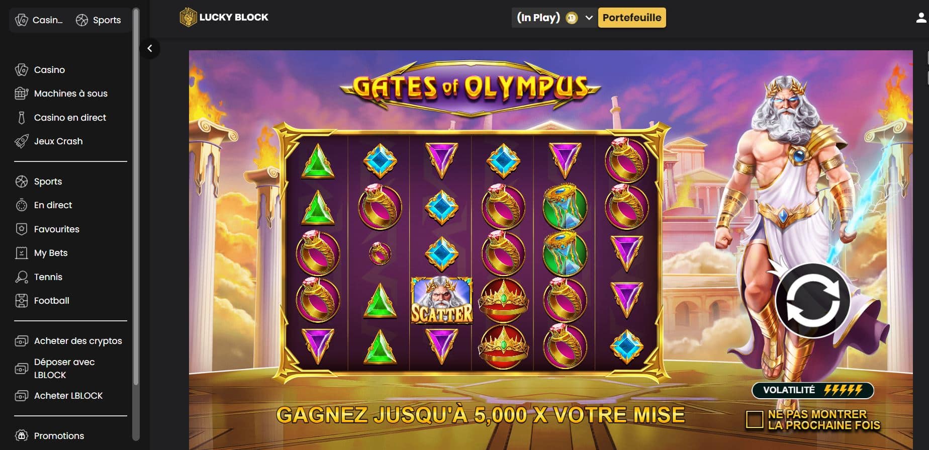 6. Sélectionner un jeu et commencer à jouer - Lucky Block - Gates of Olympus - Dogecoin casino