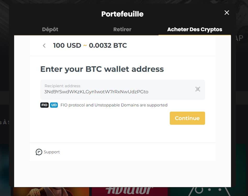 Lucky Block - Renseigner son portfeuille crypto - Casino Carte de Débit