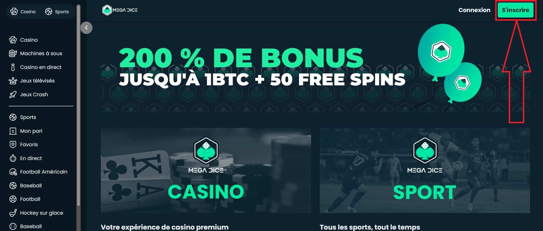 1. Mega Dice - Cliquer sur s'inscrire - Casino Bomb Squad