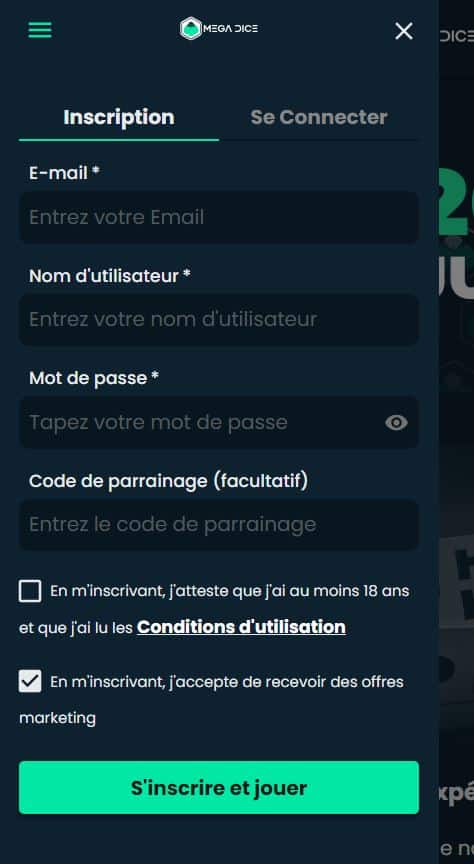 2. Mega Dice - Remplir le Formulaire d'inscription - Casino Bomb Squad