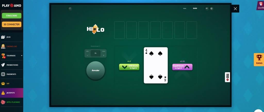 PlayAmo - Jeu Hi Lo - Meilleurs Casinos HiLo pour 2023