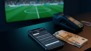 Instant withdrawal sports betting payment with smartphone, euro cash and contactless terminal